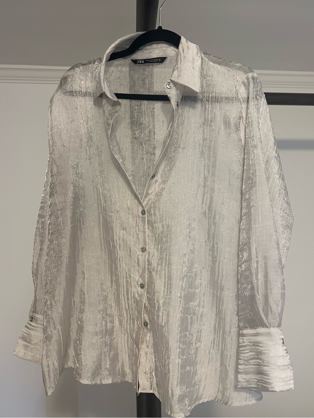 Zara White Shimmery Button-Up Blouse + Pants Set